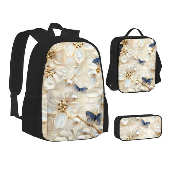Disketp Elegant Butterflies And Pearls Large Capacity Backpack Lunch Bag Pencil Case Combination 3 Piece Set for Student