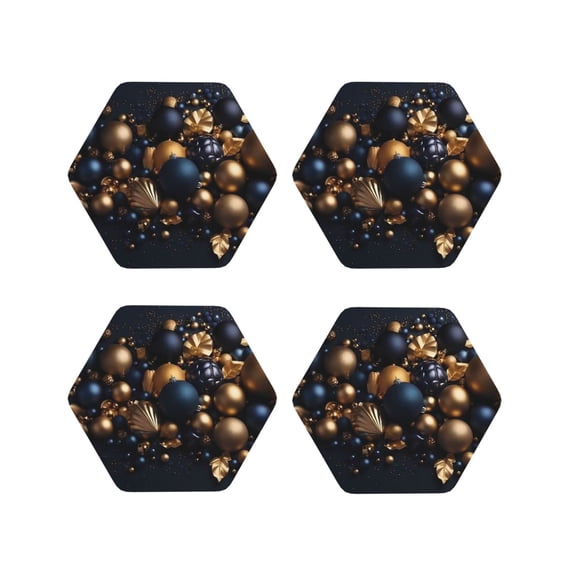 Disketp Elegant Golden Blue Ornaments Funny Coasters,4 Pcs Leather Coasters with Holder, Perfect Housewarming Hostess Gifts,Protect Furniture from Water Marks Scratch and Damage-Hexagon