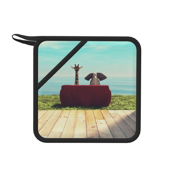 Disketp Elehpant And A Giraffe Looking At The Sea Pot Holders Kitchen Insulation Mats Heat Resistant Pot-Holder Oven Anti-Scald Pads for Cooking Baking, 7.1*7.1inch