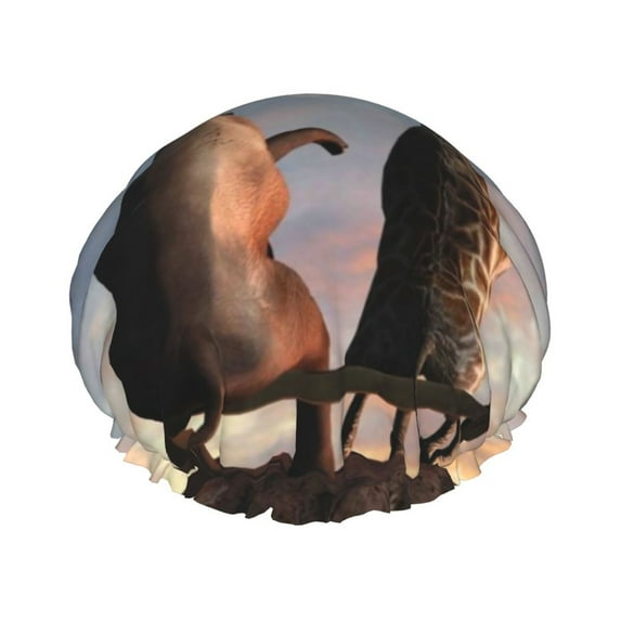Disketp Elephant Giraffe On A Mountain Top Sunset Shower Caps,Reusable Shower Cap For Women, Double Layer Waterproof Hair Cap, Large Size For All Hair Lengths,For Girls Spa Home Salon Use