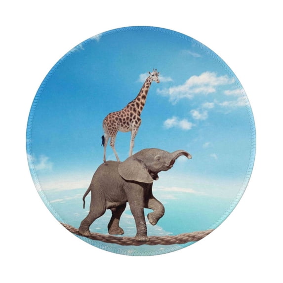 Disketp Elephant Giraffe Overcomes Fear By Walking On High Rope Small Mouse Pad 7.9x7.9 Inches,Washable Round Mousepad For Office Laptop Computer,Non-Slip Rubber Base Mouse Pads For Wireless Mouse