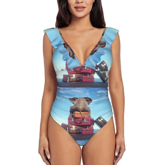 Disketp Elephant Sits On A Stack PrintWomen's Ruffled One Piece Swimsuit V Neck-Large