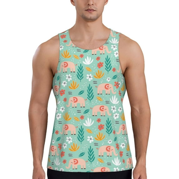 Disketp Elephant and Flowers Men's Workout Tank Tops Sleeveless Gym Shirt Quick Dry Fitness Bodybuilding Sleeveless T Shirt-4X-Large