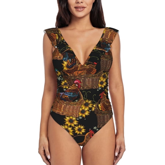 Disketp Embroidery Chicken Rooster PrintWomen's Ruffled One Piece Swimsuit V Neck-Medium