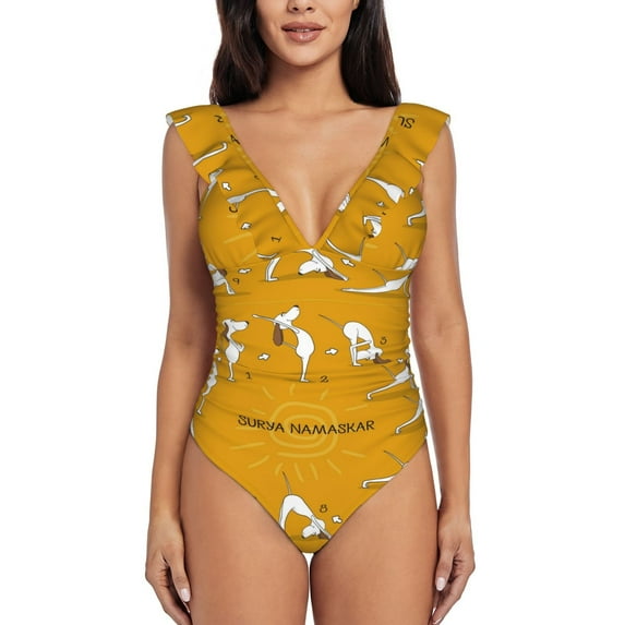 Disketp English Cocker Spaniel Doing Yoga PrintWomen's Ruffled One Piece Swimsuit V Neck-Large