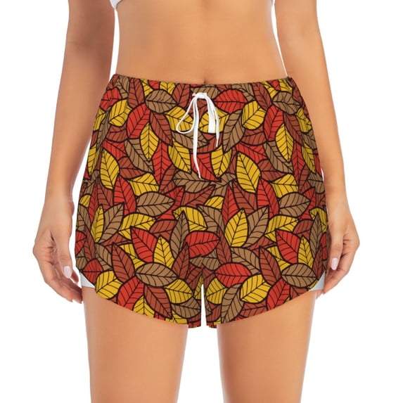 Disketp Fall Leaves Print Women's Shorts Workout Shorts for Athletic Gym Running Shorts with Phone Pockets XX-Large