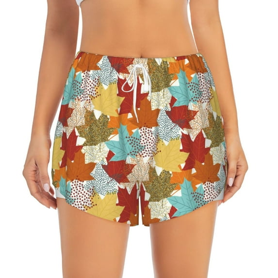 Disketp Fall Maple Leaves Print Women's Shorts Workout Shorts for Athletic Gym Running Shorts with Phone Pockets XX-Large