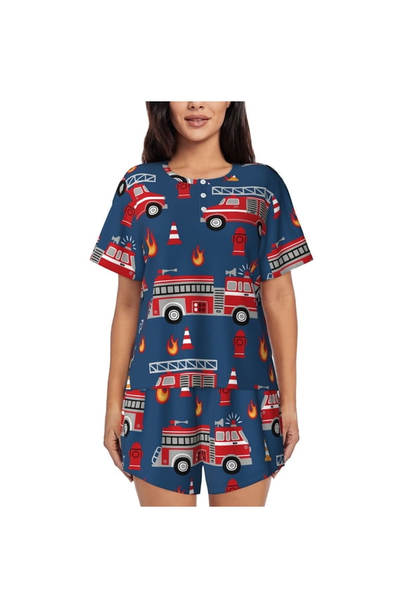 Fire Truck 1 for 2 Piece Shorts Sleepwear Women's Short-Sleeved Pajama Set Round Neck Pjs-Medium