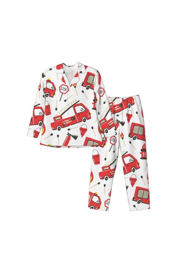 Fire Truck Mens Pajama Set, Soft Warm Long Sleeve Sleepwear, Cozy Button-Down Pjs for Men-X-Large