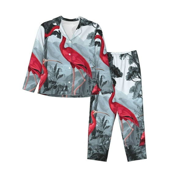 Disketp Flamingo On The Jungle Pajamas Set Long Sleeve Sleepwear Womens Button Down Nightwear Pj Sets-{designName}-Medium