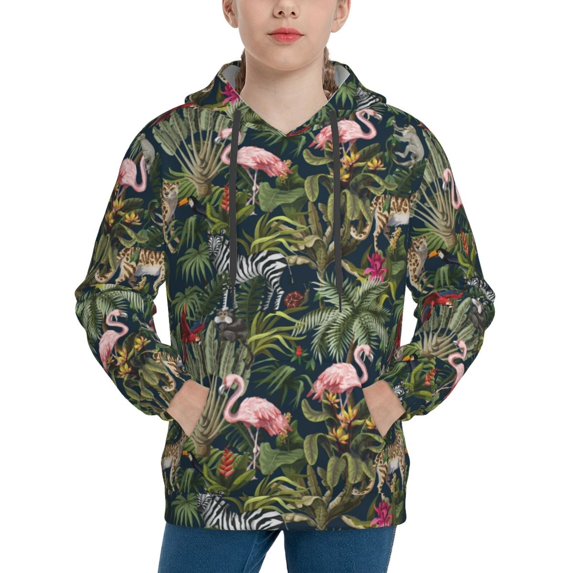 Disketp Flamingos And Palm Leaves Youth Hoodie Sweatshirt for Boys Girls Kids Pullover Hooded Classic Casual Essentials Hoodie-X-Large