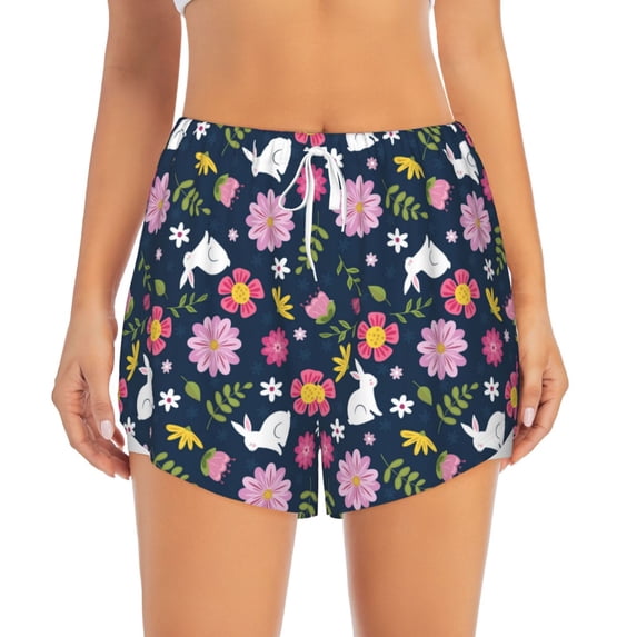 Disketp Floral Rabbit Print Women's Shorts Workout Shorts for Athletic Gym Running Shorts with Phone Pockets XX-Large