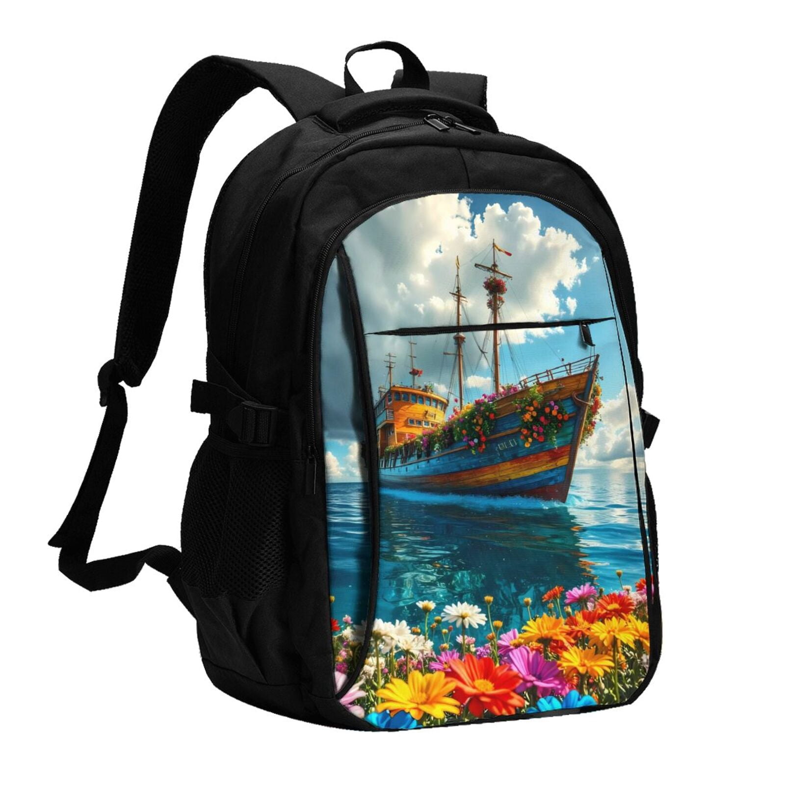 Disketp Floral Ship On Ocean Travel Laptop Backpack, Laptops Backpack ...