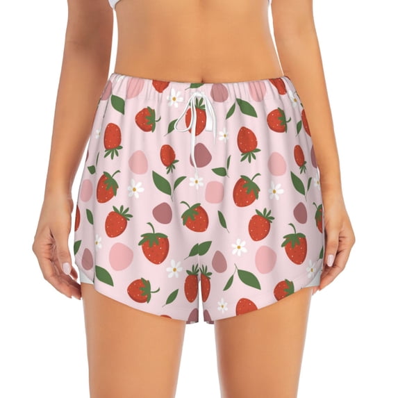 Disketp Floral Strawberr Print Women's Shorts Workout Shorts for Athletic Gym Running Shorts with Phone Pockets Large
