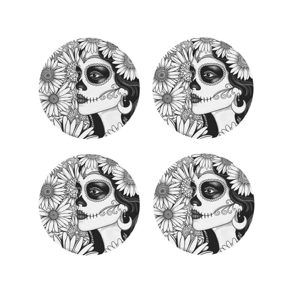 Disketp Floral Sugar Skull Portrait Funny Coasters,4 Pcs Leather Coasters with Holder, Perfect Housewarming Hostess Gifts,Protect Furniture from Water Marks Scratch and Damage-Round Shape