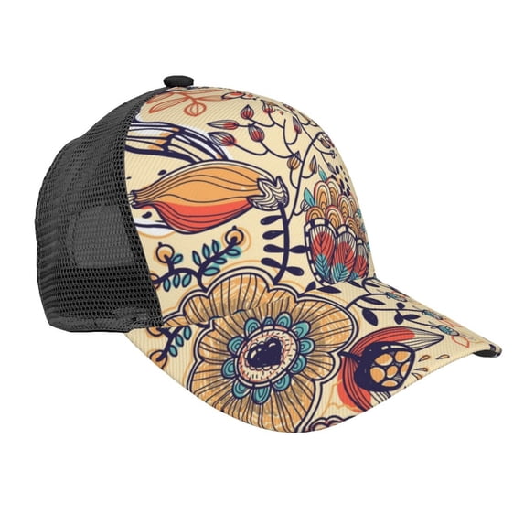 Disketp Floral With Birds And Fantasy Flowers Print Trucker Hat Men Women - Mesh Baseball SnapBack Cap