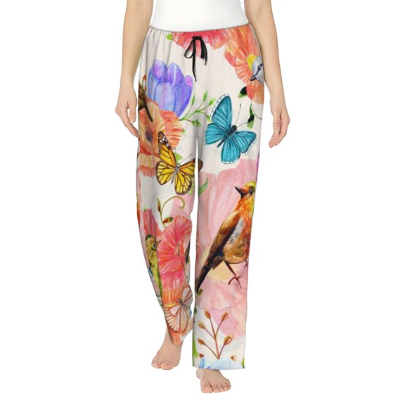 Disketp Flowers And Birds Watercolor Print Women'S Comfy Pajama Pants Casual Drawstring Palazzo Lounge Wide Leg Pants