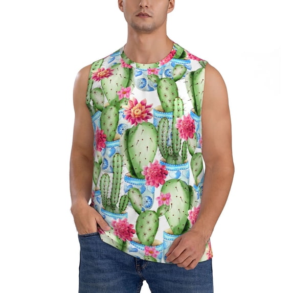 Disketp Flowers And Cactus Sleeveless Tshirts For Men, Muscle Shirts For Men Dry Fit Tank Top-Small