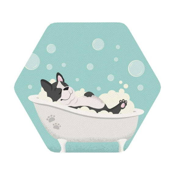 Disketp French Bulldog Taking A Bath Funny Coasters,6 Pcs Leather Coasters With Holder, Perfect Housewarming Hostess Gifts,Protect Furniture From Water Marks Scratch And Damage