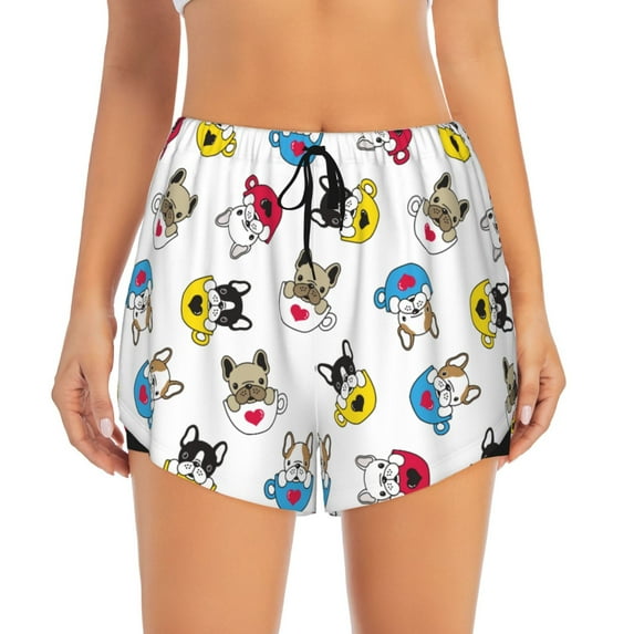 Disketp French Bulldog With Coffee Cup Print Women's Shorts Workout Shorts for Athletic Gym Running Shorts with Phone Pockets Medium
