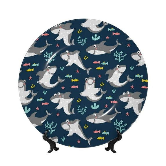 Disketp Friendly Sharks Ceramic Plate Dinner Plates Bone China Decorative Plates Art Ceramic Ornaments for Wall Hanging Decoration -7in