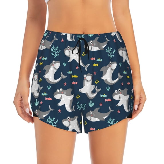 Disketp Friendly Sharks Print Women's Shorts Workout Shorts for Athletic Gym Running Shorts with Phone Pockets Large