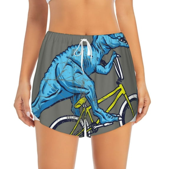 Disketp Fun Riding Dinosaur Print Women's Shorts Workout Shorts for Athletic Gym Running Shorts with Phone Pockets Medium