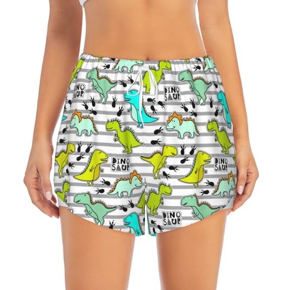 Disketp Funny Dinosaurs on Stripes Print Women's Shorts Workout Shorts for Athletic Gym Running Shorts with Phone Pockets XX-Large