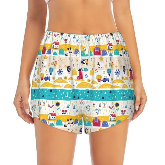 Disketp Funny Farm Print Women's Shorts Workout Shorts for Athletic Gym Running Shorts with Phone Pockets XX-Large