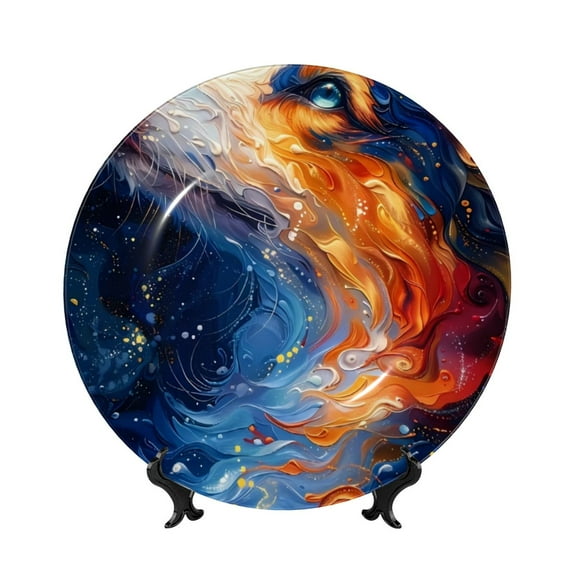 Disketp Galactic Dog Swirls Art Ceramic Plate Dinner Plates Bone China Decorative Plates Art Ceramic Ornaments for Wall Hanging Decoration -7in