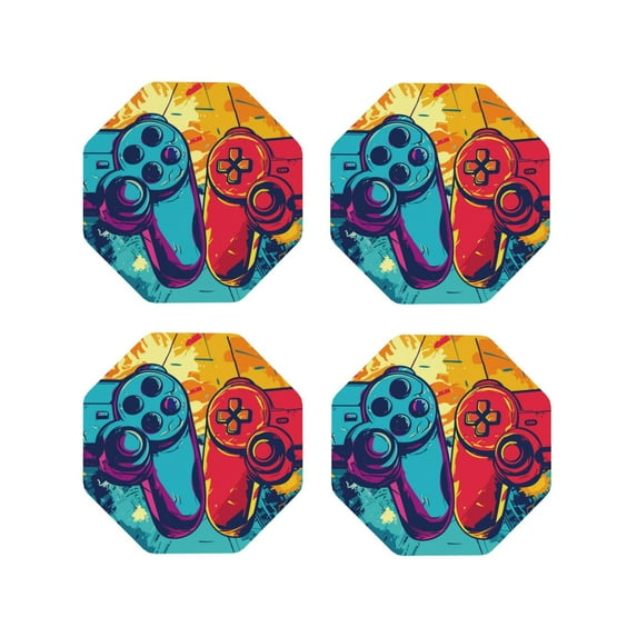 Disketp Gaming Funny Coasters,4 Pcs Leather Coasters with Holder, Perfect Housewarming Hostess Gifts,Protect Furniture from Water Marks Scratch and Damage-Octagon