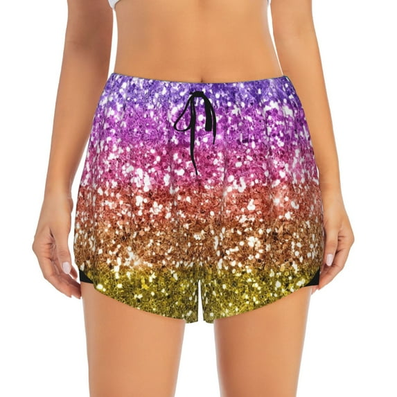 Disketp Glitter Rainbow Print Women's Shorts Workout Shorts for Athletic Gym Running Shorts with Phone Pockets Large