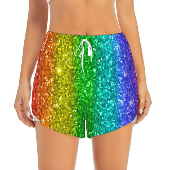 Disketp Glitter Rainbow Print Women's Shorts Workout Shorts for Athletic Gym Running Shorts with Phone Pockets Large