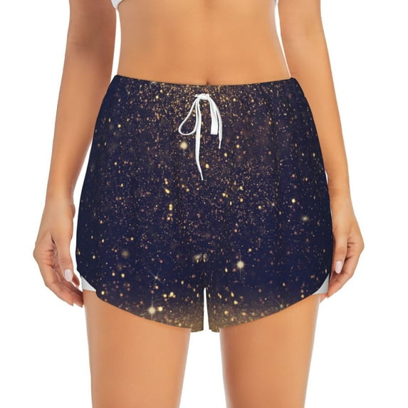Disketp Gold Black Glitter Print Women's Shorts Workout Shorts for Athletic Gym Running Shorts with Phone Pockets Medium