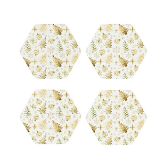 Disketp Gold Christmas Tree Funny Coasters,4 Pcs Leather Coasters with Holder, Perfect Housewarming Hostess Gifts,Protect Furniture from Water Marks Scratch and Damage-Hexagon