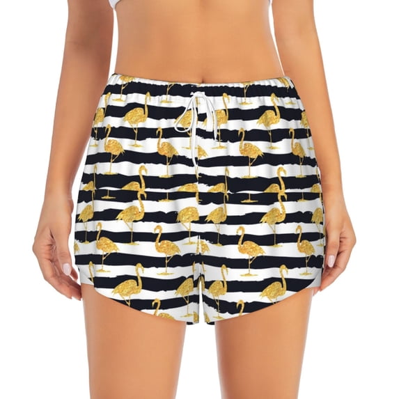 Disketp Gold Flamingo Print Women's Shorts Workout Shorts for Athletic Gym Running Shorts with Phone Pockets Medium