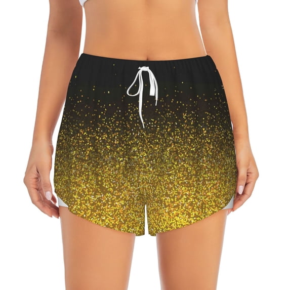 Disketp Gold Glitter Gradient Print Women's Shorts Workout Shorts for Athletic Gym Running Shorts with Phone Pockets Large