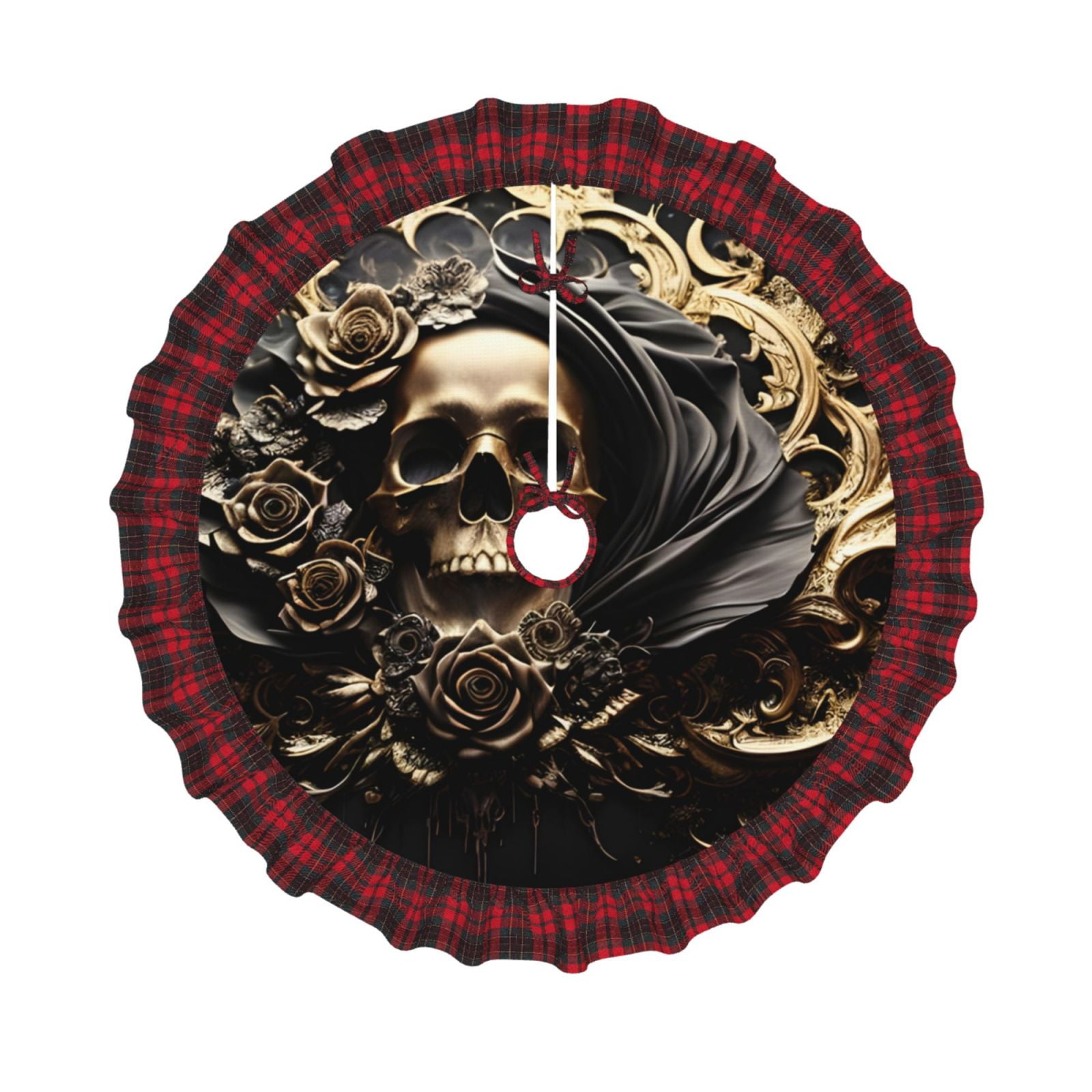 Disketp Gold Rose Skull Christmas Tree Skirt Plaid Tree Skirt Red and