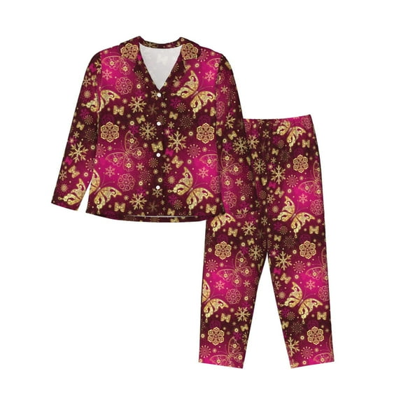 Disketp Golden Snowflakes And And Butterflies Pajamas Set Long Sleeve Sleepwear Womens Button Down Nightwear Pj Sets-{designName}-XX-Large