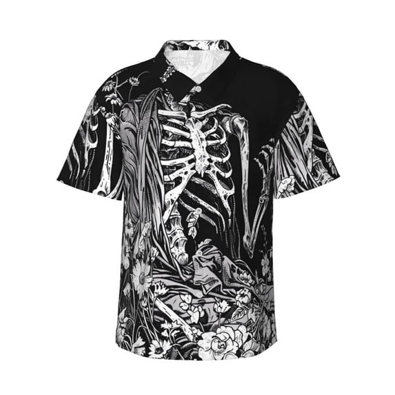 Disketp Gothic Skull Floral Art Hawaiian Shirts for Men,Mens Casual Short Sleeve Button Down Shirts Beach Shirt,XX-Large