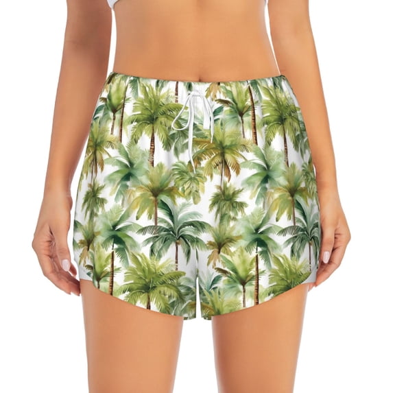 Disketp Green Hawaii Palms Print Women's Shorts Workout Shorts for Athletic Gym Running Shorts with Phone Pockets XX-Large