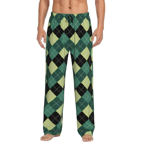 Disketp Green Squares Men's Pajama Pants - Ultra Soft Fleece Sleep and Lounge Pants (Size: S-XXL)