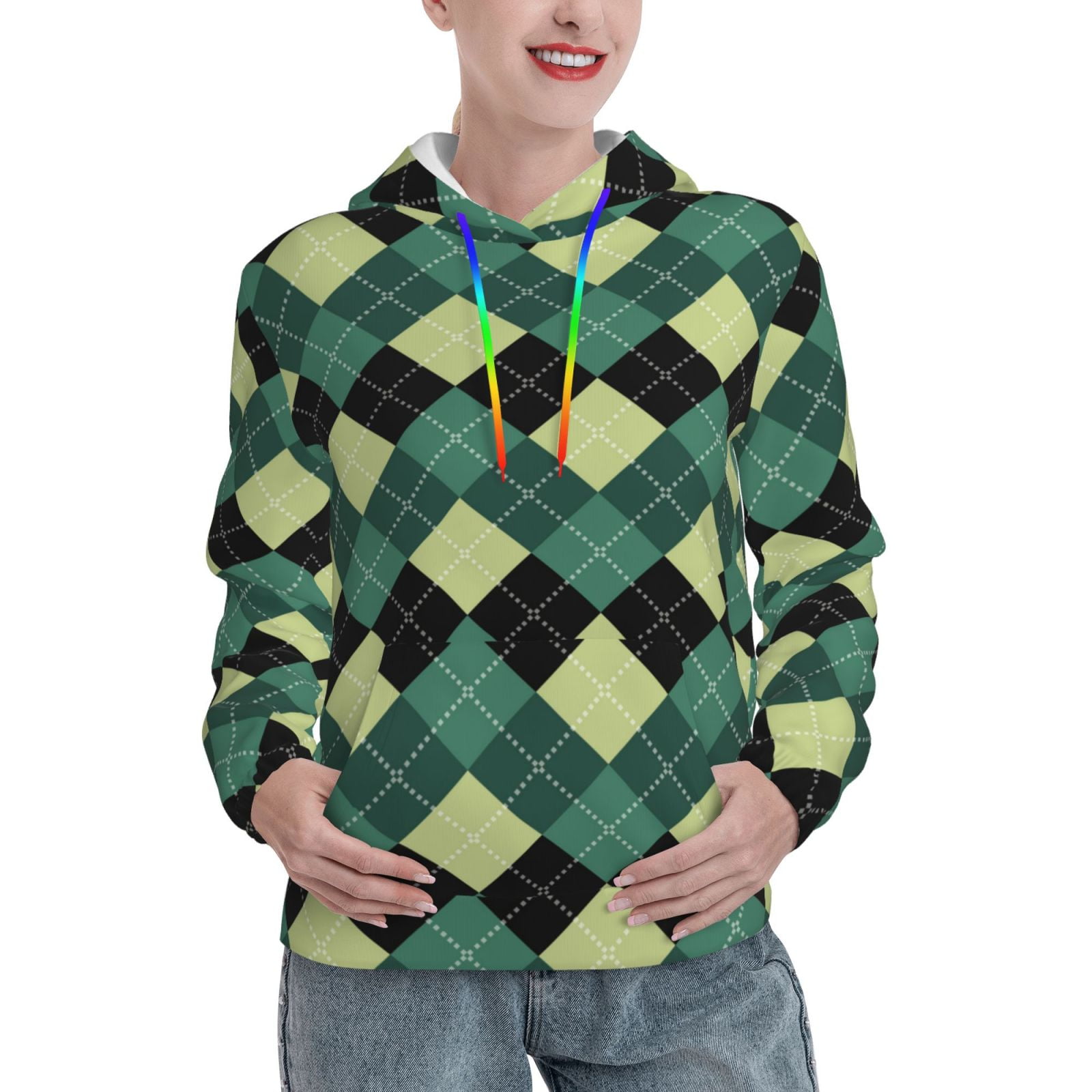 レビュー高評価商品 Womens Squares Green Disketp Casual Long Neck Crew Hoodies トップス