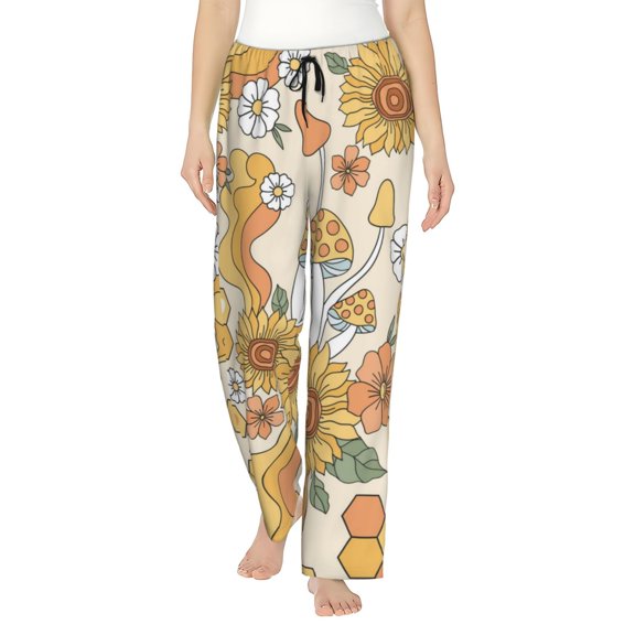 Disketp Groovy Hippie Flower Mushrooms Print Women'S Comfy Pajama Pants Casual Drawstring Palazzo Lounge Wide Leg Pants