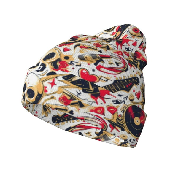 Disketp Guitar Skull rock Winter Beanie for Men Women Beanie Knit Hat Cuffed Cap Beanie Knit Chunky Snow Cap