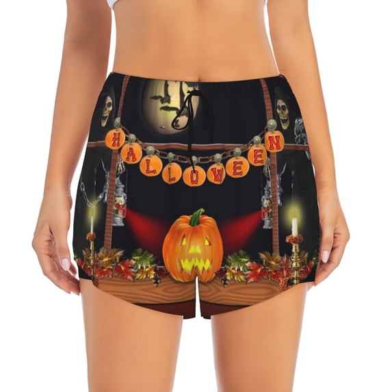 Disketp Halloween Decoration Print Women's Shorts Workout Shorts for Athletic Gym Running Shorts with Phone Pockets X-Large