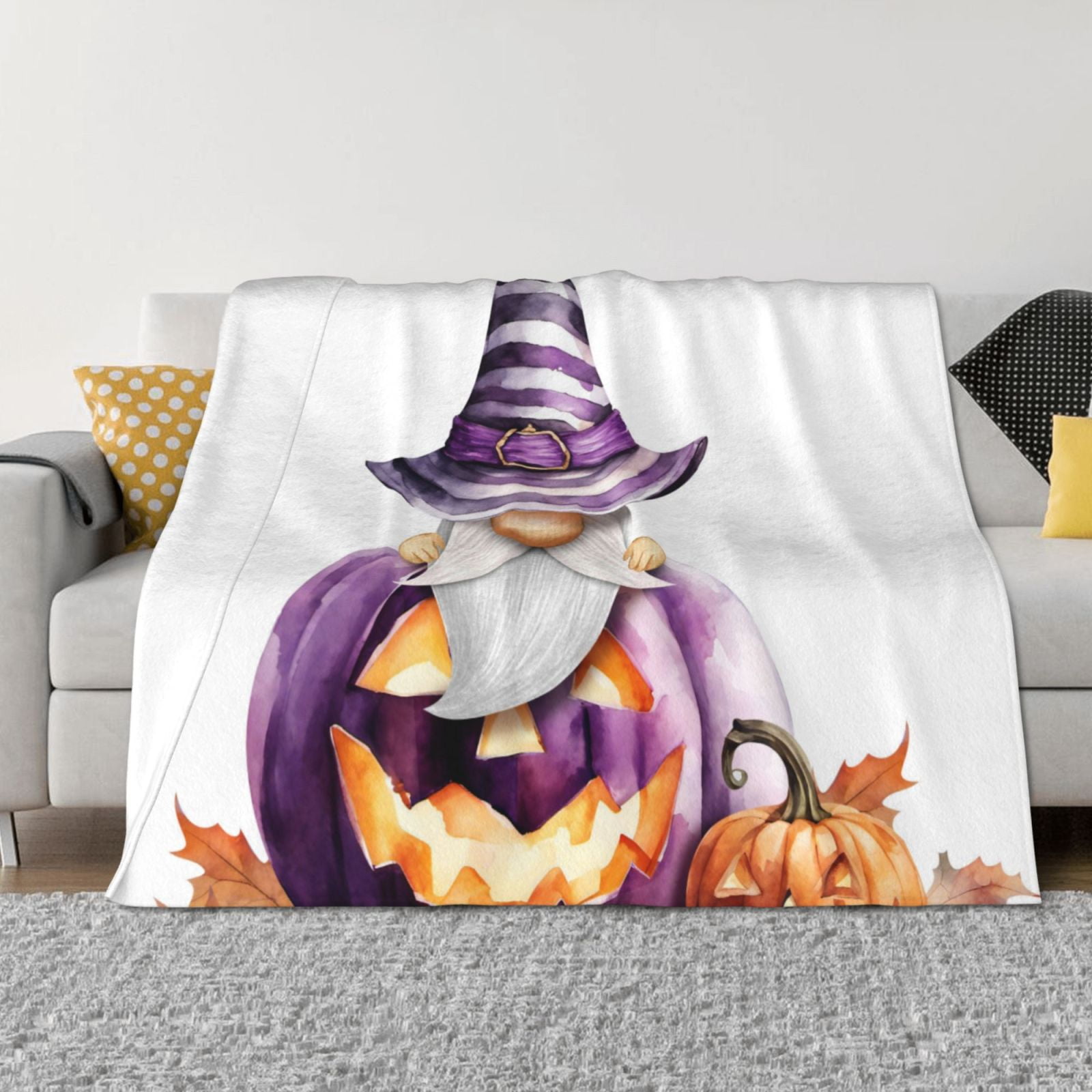 Disketp Halloween Gnome With Pumpkins Flannel Blankets Thick and Warm