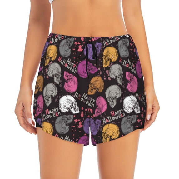 Disketp Halloween Skeleton Print Women's Shorts Workout Shorts for Athletic Gym Running Shorts with Phone Pockets Large