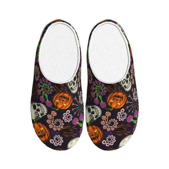 Disketp Halloween With Skull Women's Men's Slippers Plush Slip-On House Slipper for Winter Indoor Soft Cushion Non-slip Fluffy Slides Slippers-13
