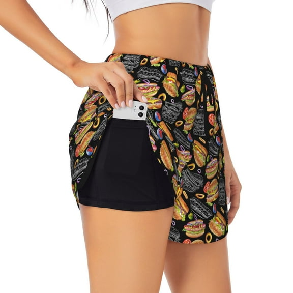 Disketp Hamburgers Hot Dogs Women's Shorts Workout Shorts for Athletic Gym Running Shorts with Phone Pockets-